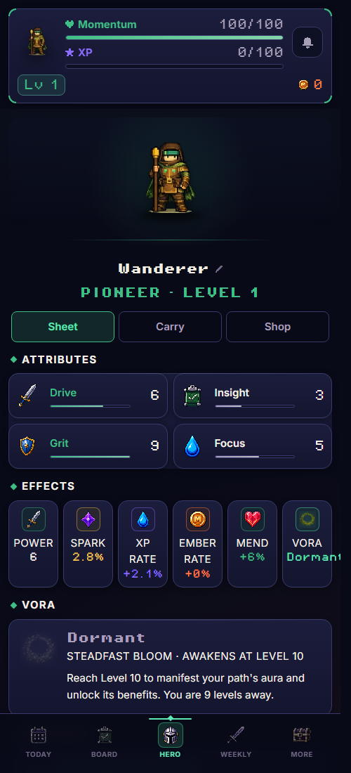 Habitra hero and equipment screen